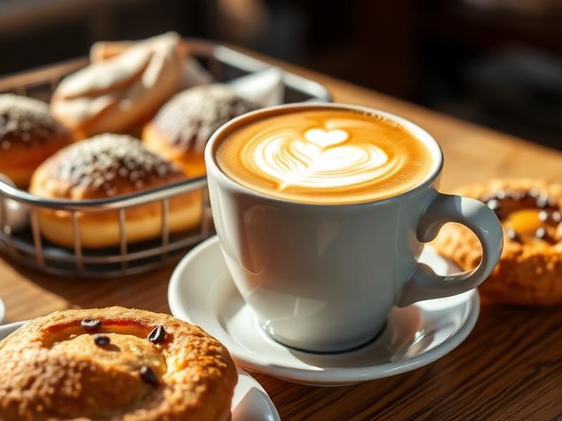 Latte and pastries in the morning light
